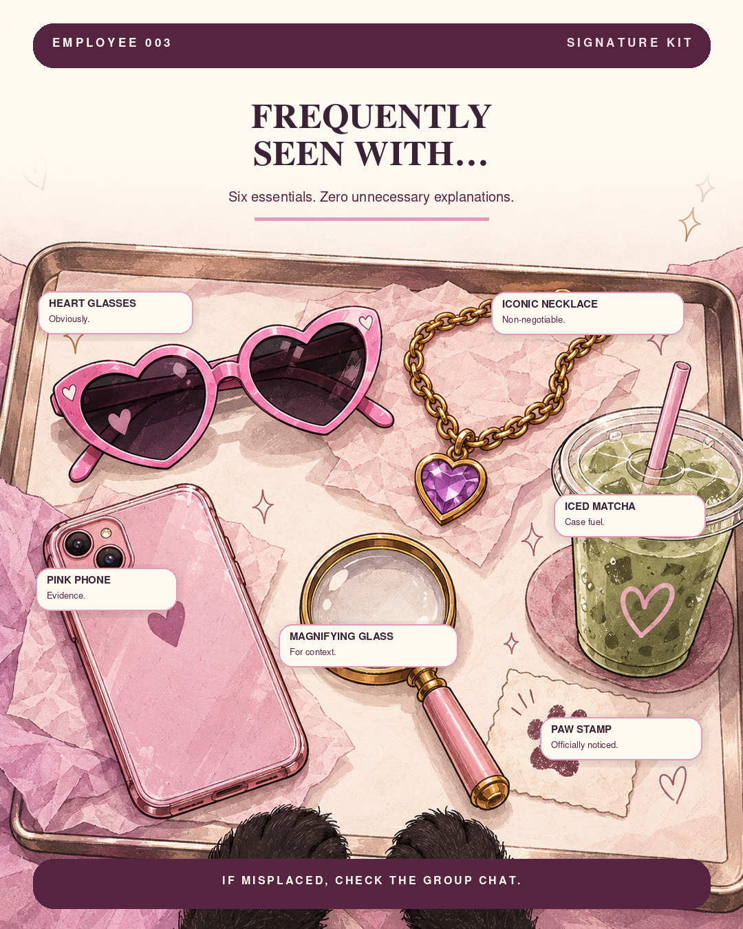 Miso's six signature items: heart glasses, purple heart necklace, pink phone, magnifying glass, iced matcha and paw stamp
