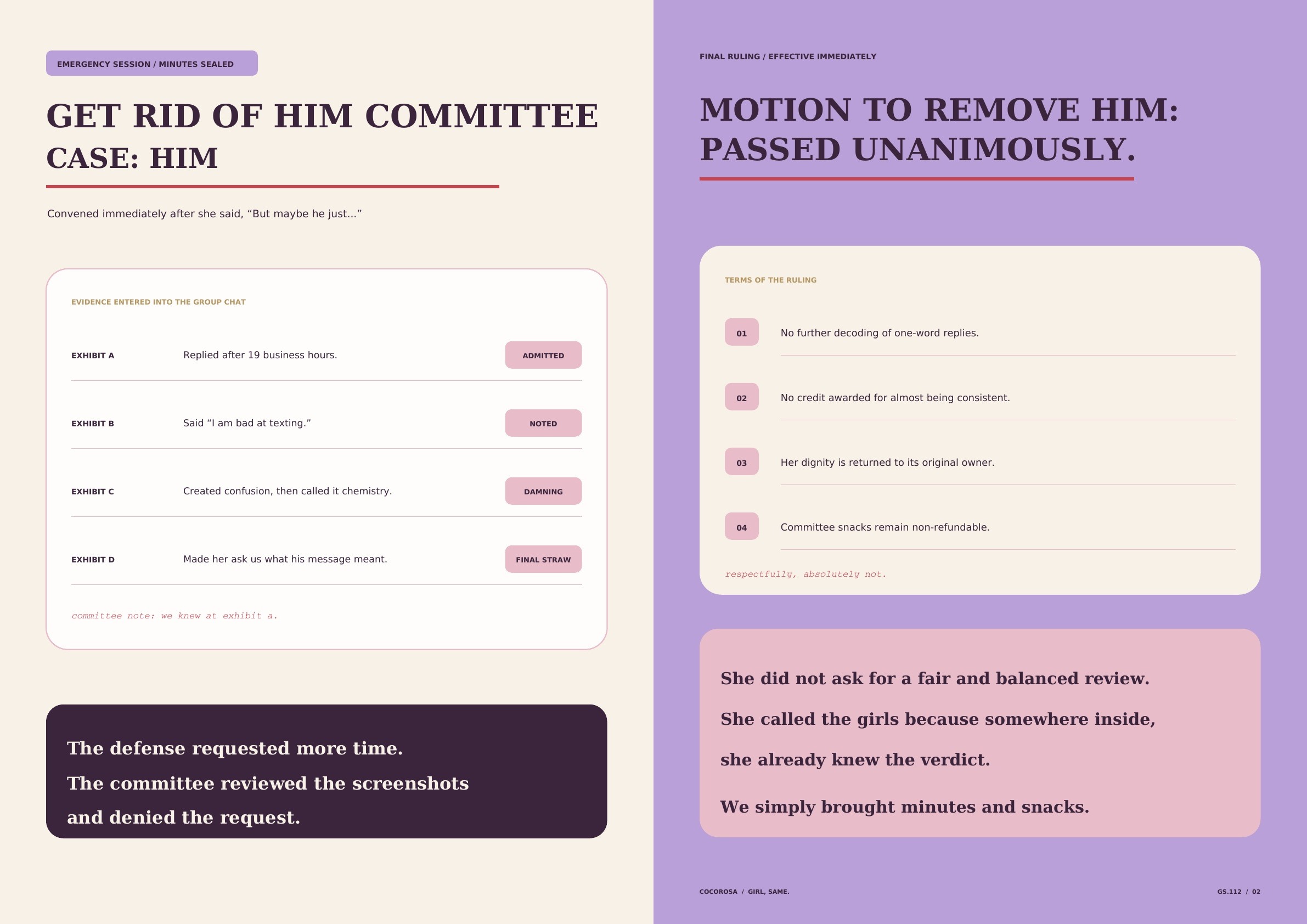 Two-page GIRL, SAME. preview documenting an emergency meeting of the Get Rid of Him Committee